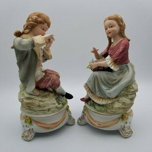 Porcelain Ceramic Figurines of Man Playing Flute and Women with Flowers (1-pair)
